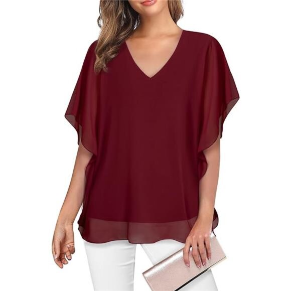 Women's Loose Flouncing Flutter Sleeve Double-Layered Shirt Chiffon Elegant - Picture 6 of 6